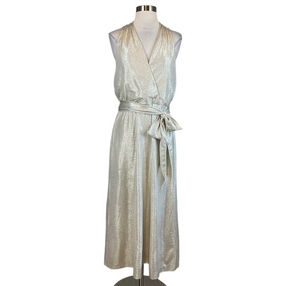 Ralph Lauren Women's Cocktail Dress Size 12 Gold Metallic Halter Sleeveless Wrap - Picture 1 of 13